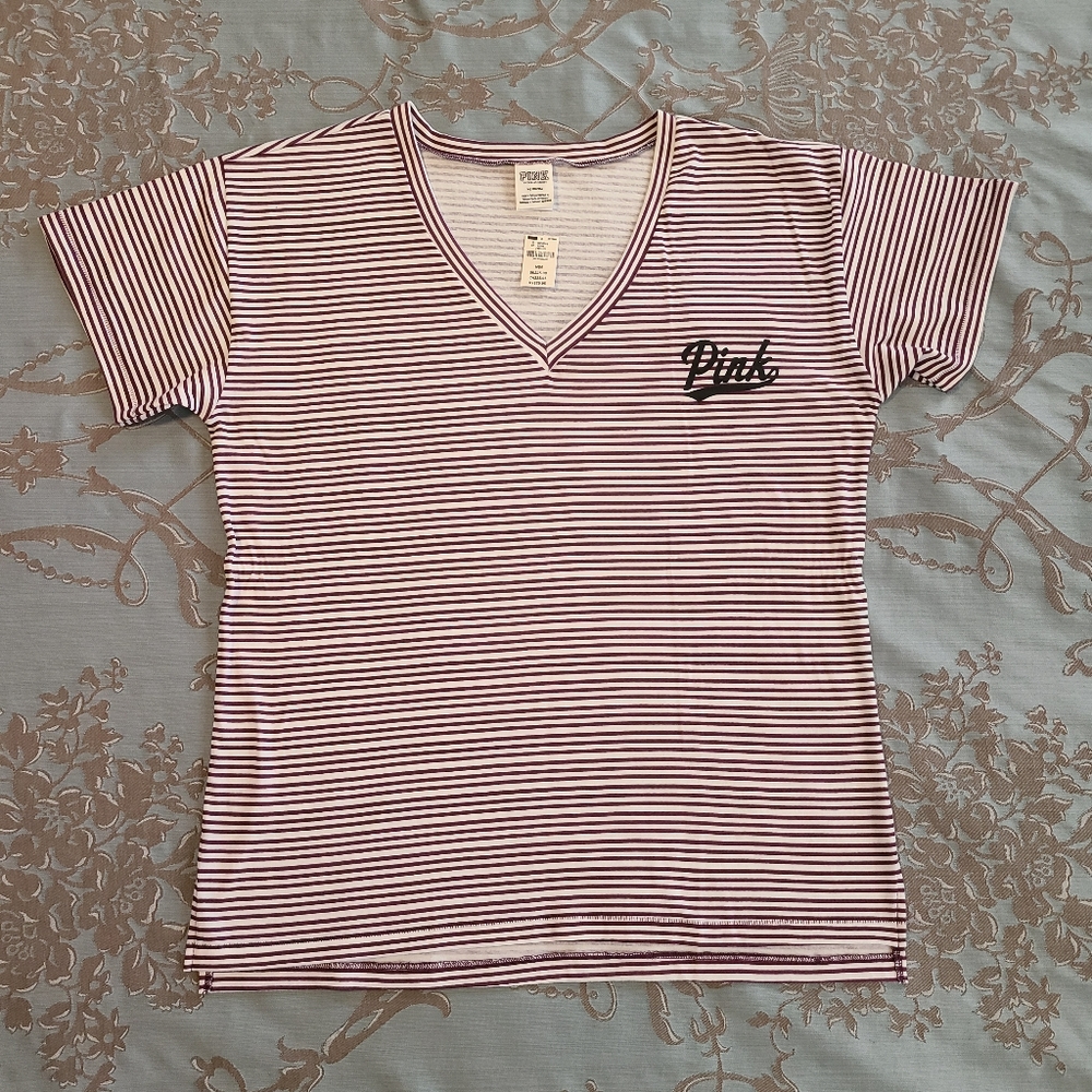 Victoria's Secret PINK White Burgundy Striped V-Neck Tee Shirt Size Medium